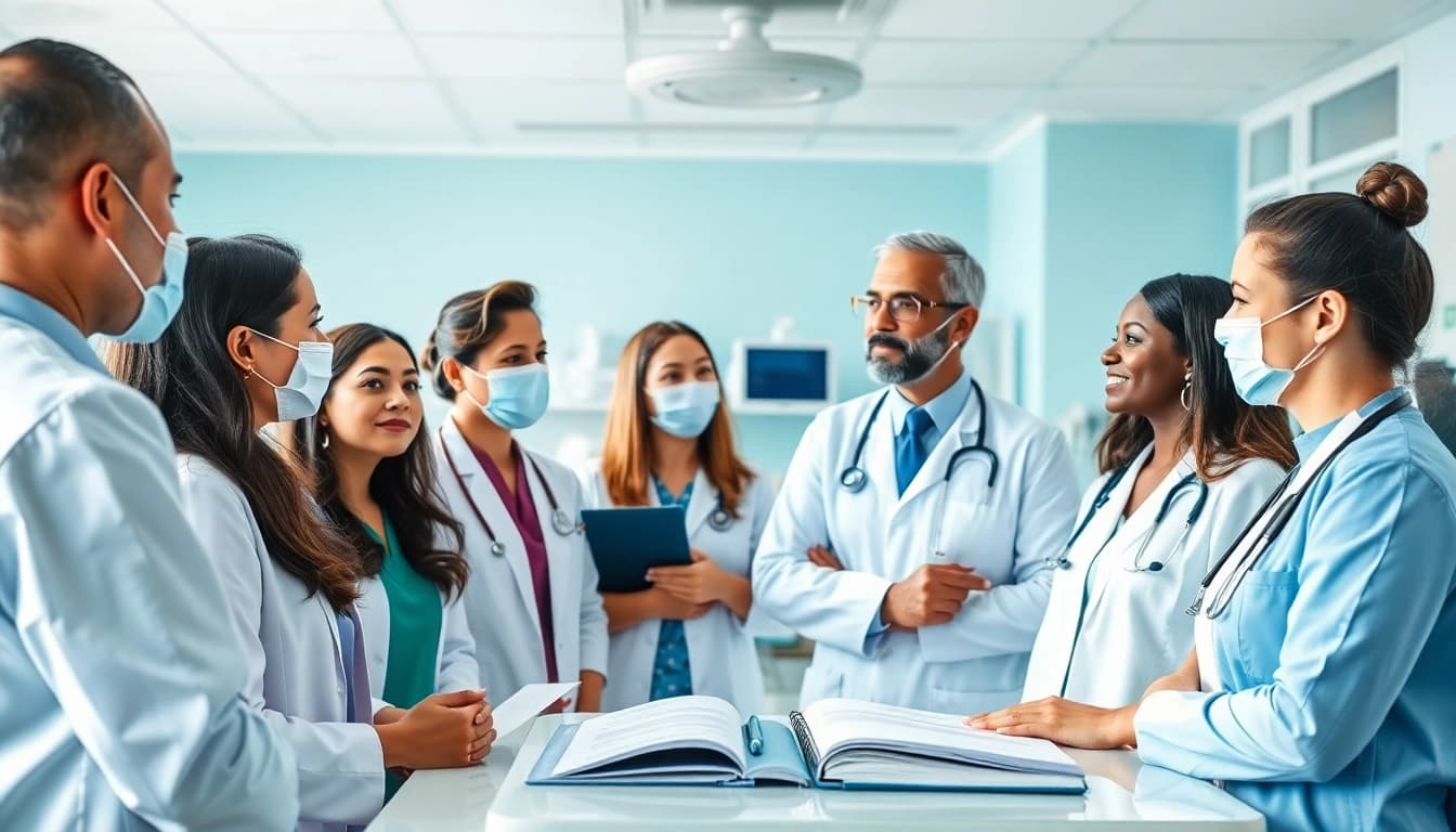 Facilitating discussions on Health in a modern healthcare facility with diverse professionals.