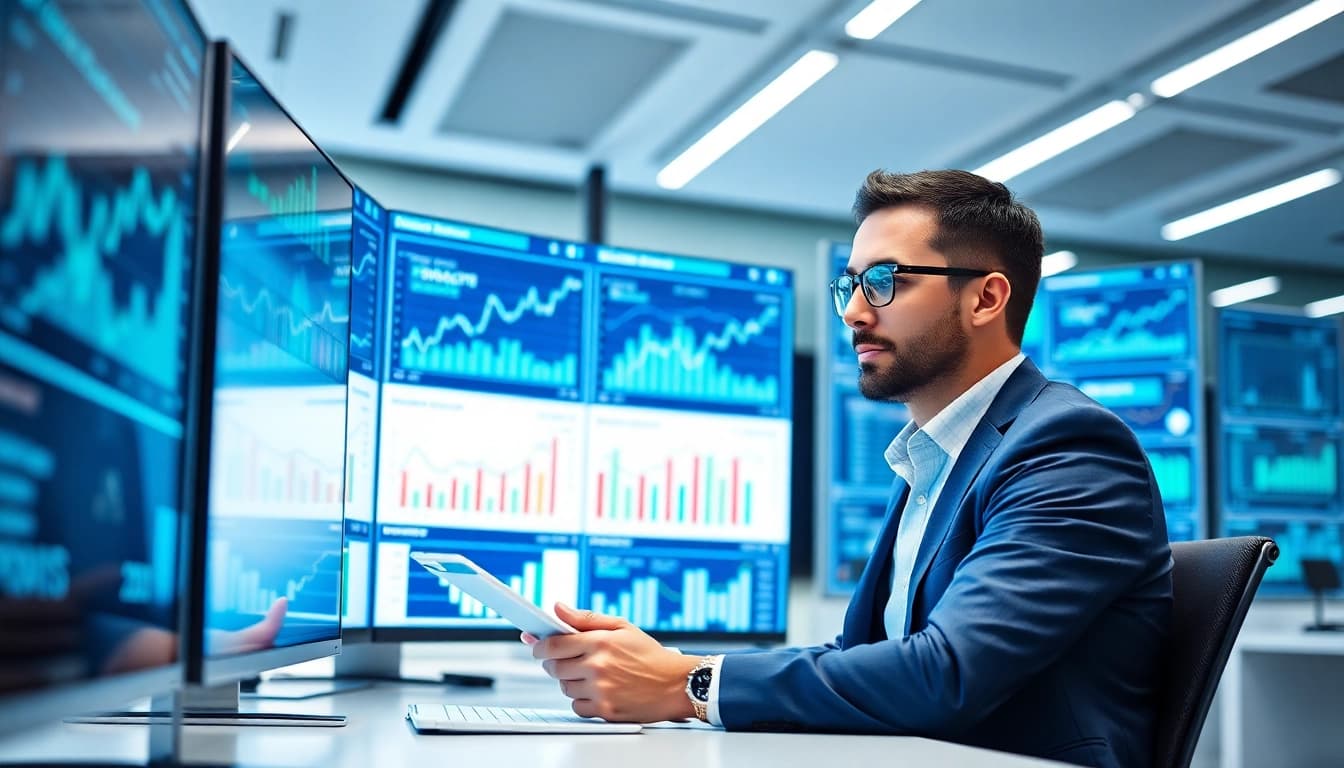 Analyze Content Gap Analysis data in a dynamic office setting with digital displays.