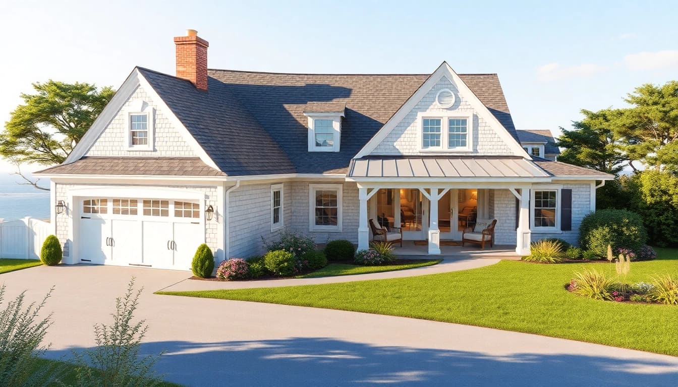Beautiful Cape Cod home addition with attached garage amidst coastal scenery.