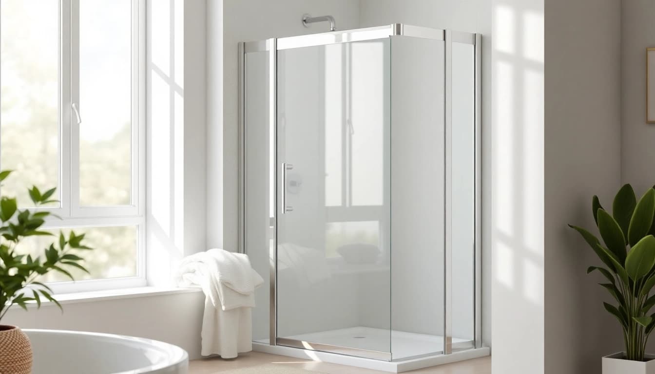 View modern shower screen door highlighting clarity and ease of maintenance.