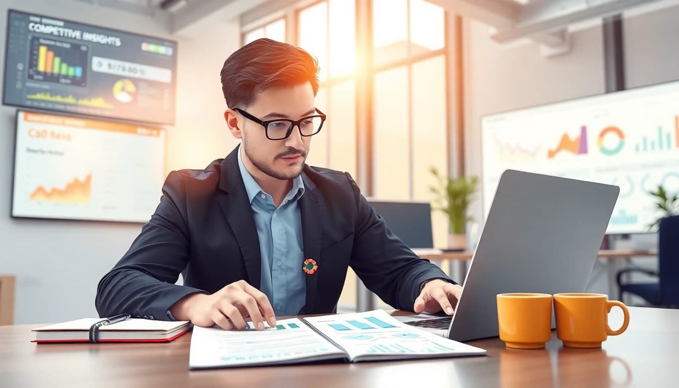 Analyze AI for competitor analysis with a data analyst examining digital insights in a modern office.