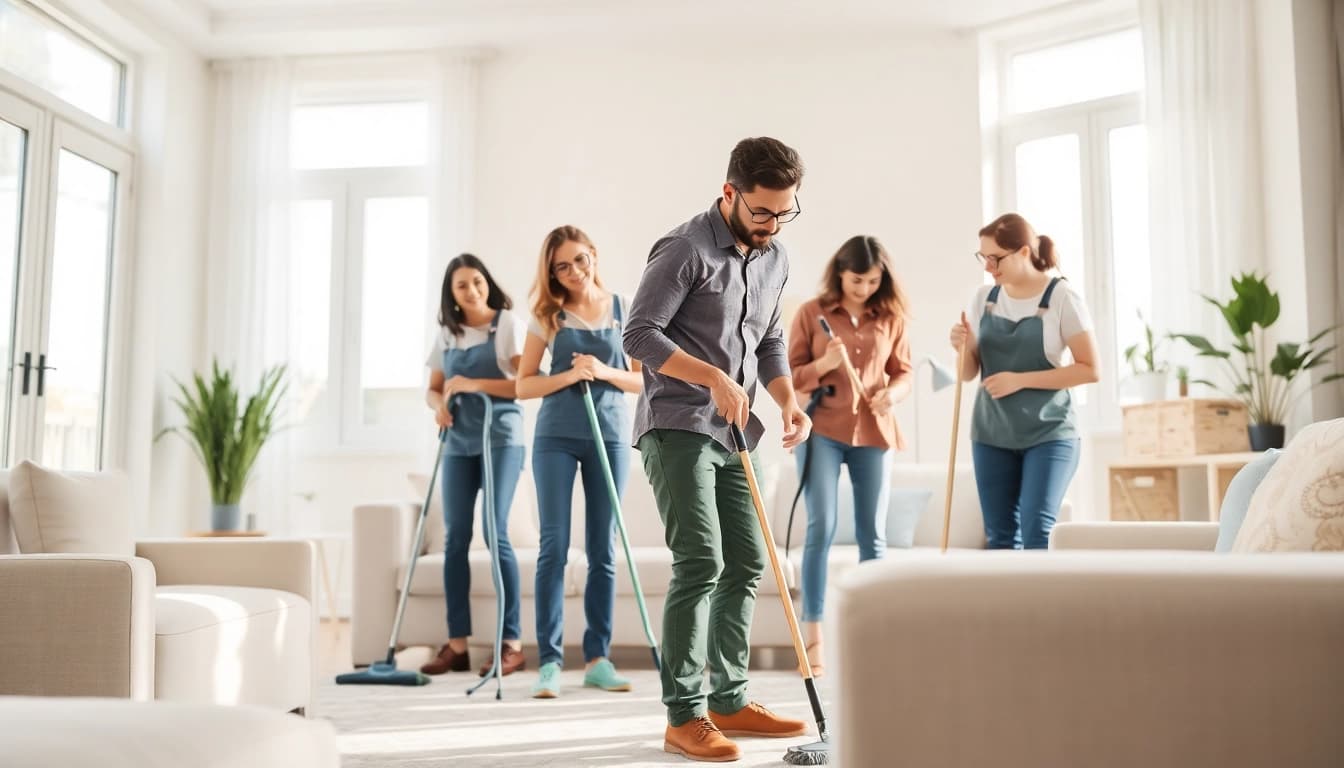 Cleaning Service team effectively tidying up a bright, welcoming living room with professional care.