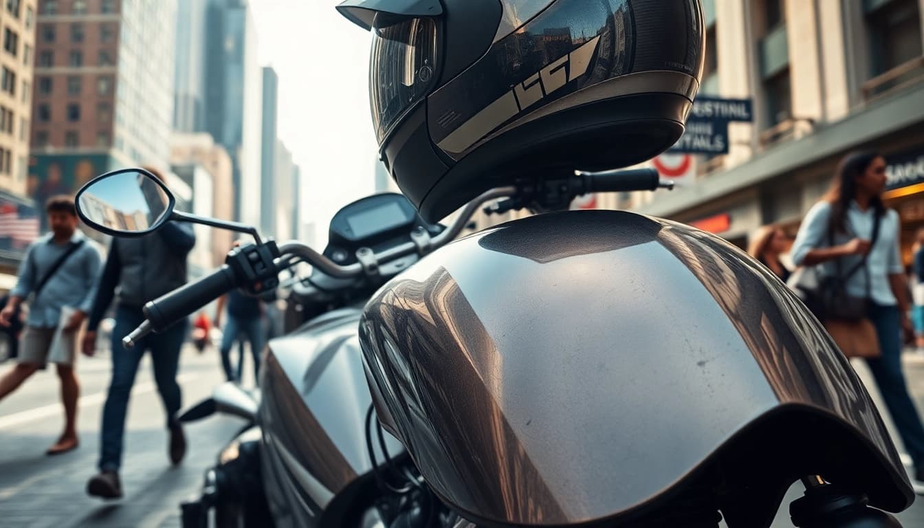 Motorrad gebraucht in städtischer Umgebung mit sichtbaren Gebrauchsspuren.