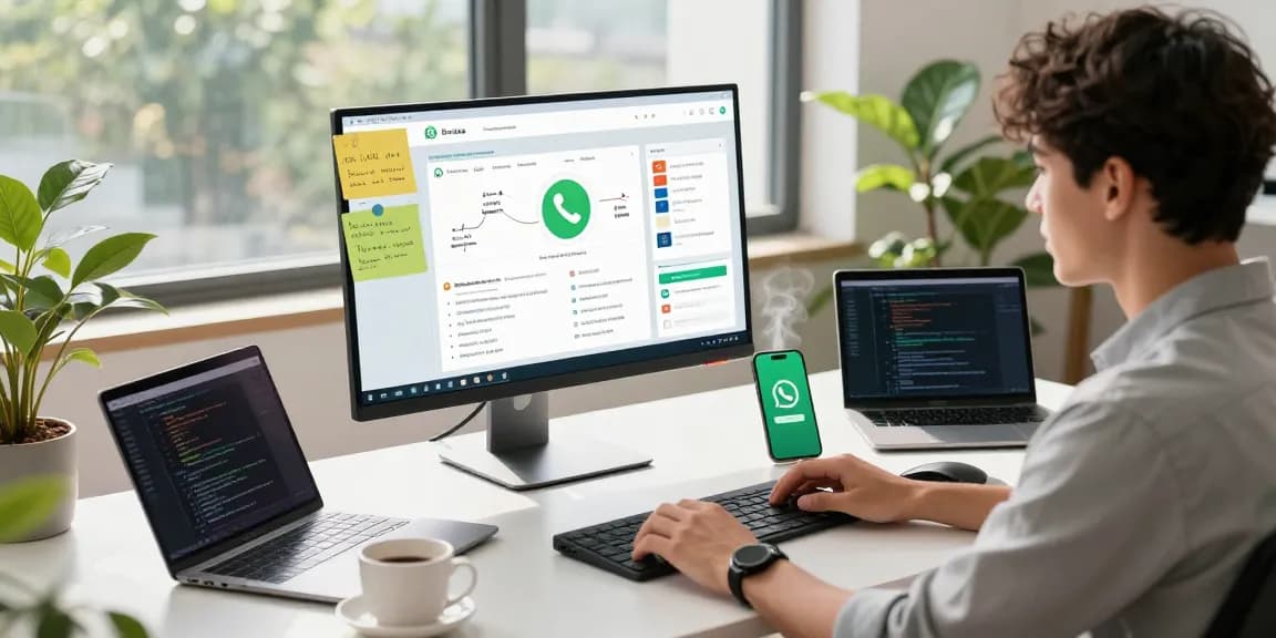 Professional using WhatsApp電腦版 on a modern workspace with tech gadgets.