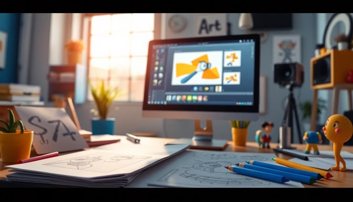 Animation Erstellen im kreativen Studio mit Software und Skizzen.