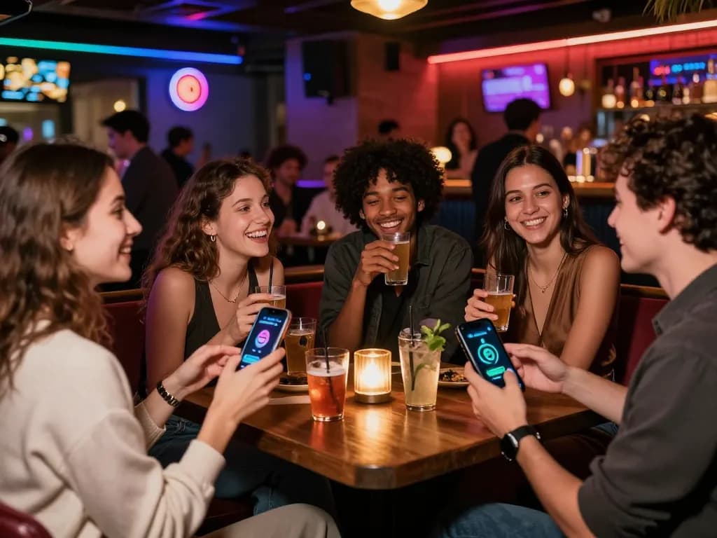 Group enjoying nightlife, engaging with AI chatbots, vibrant urban scene reflecting ai slut culture