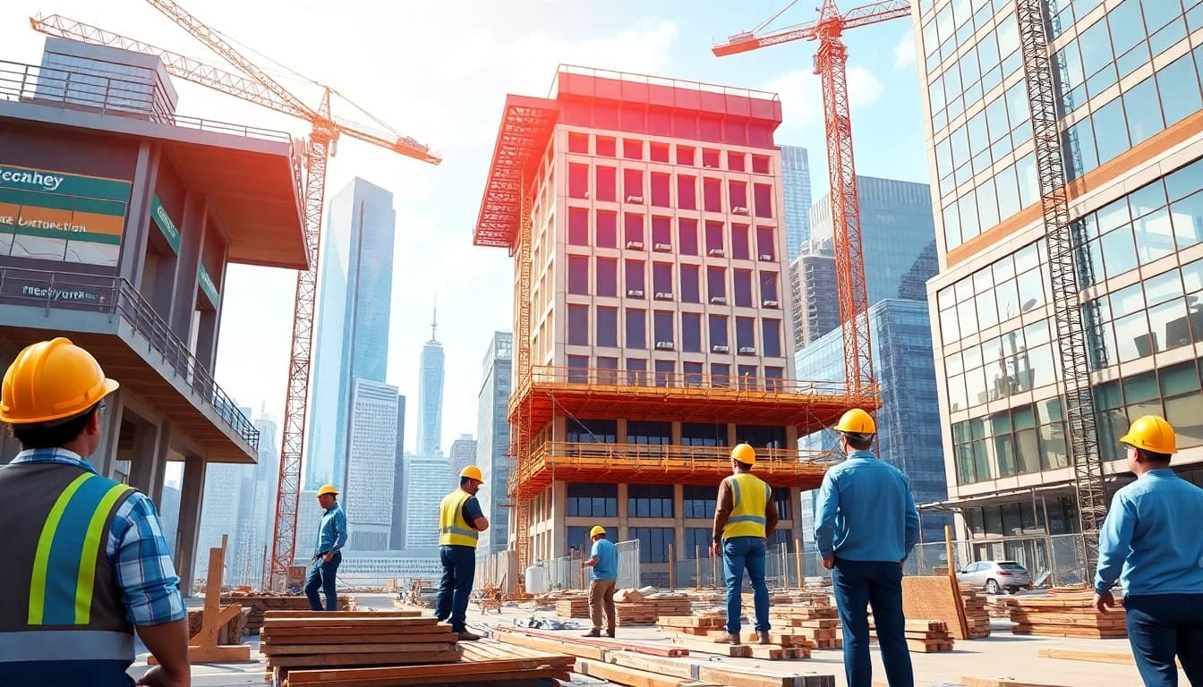 New York Commercial General Contractor collaborating with a skilled team at a bustling construction site.