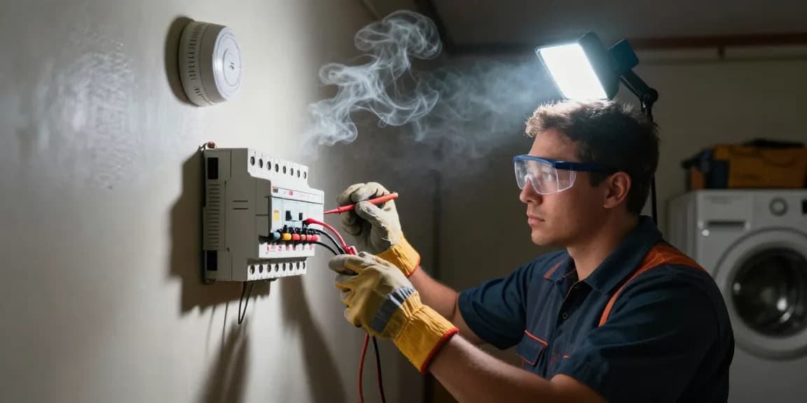 Emergency electrician near me fixing circuit breaker in a basement with tools and safety gear.