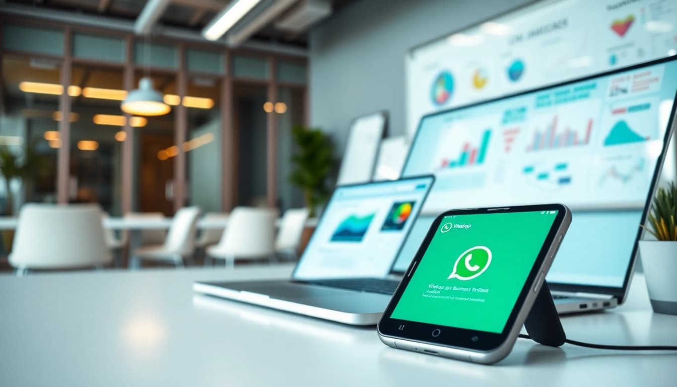 Boost your business efficiency with WhatsApp Business CRM dashboard displayed in a professional setting.