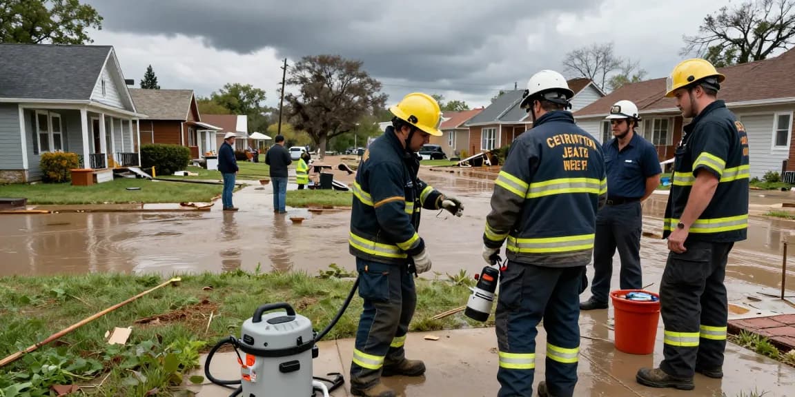 Damage restoration Chicago team analyzing storm impact, equipped with moisture meters and extraction tools in a flooded basement.
