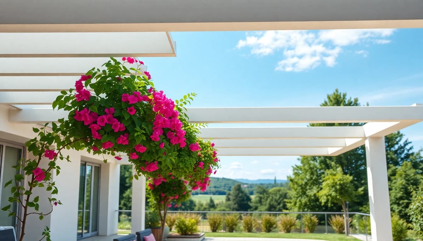 Terrassenueberdachung Ungarn mit eleganter Pergola in harmonischer Gartenszene.