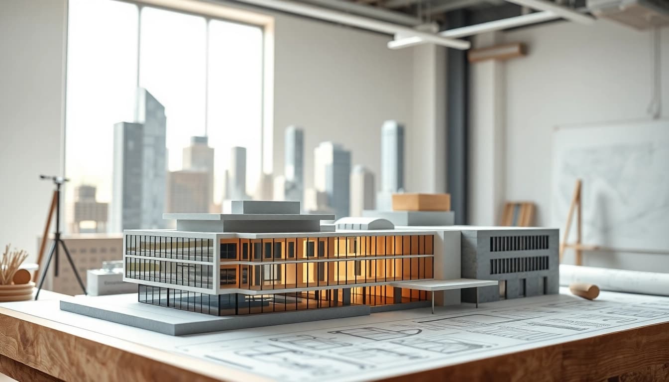 Architekturmodellbau Wiesbaden präsentiert ein detailreiches Modell gezeigt in hellem Studio.