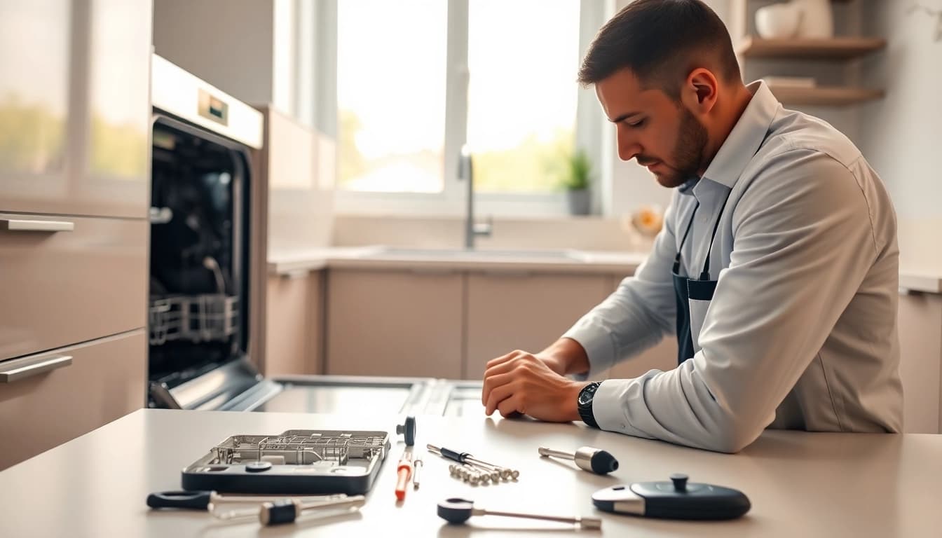Expert performing BOSCH dishwasher repair in a clean, modern kitchen environment.