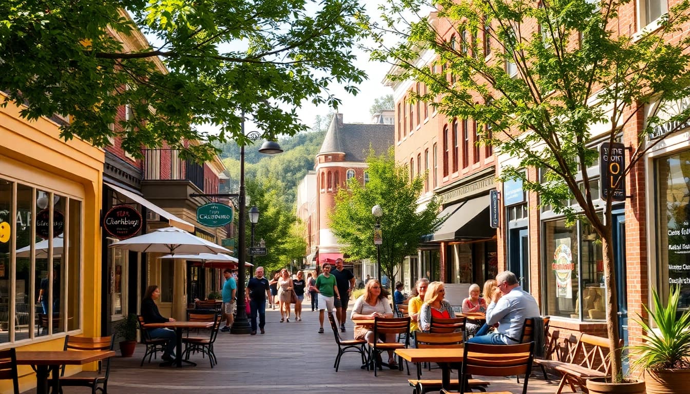 Residents enjoying a sunny day in Clarksburg at a vibrant street cafe.