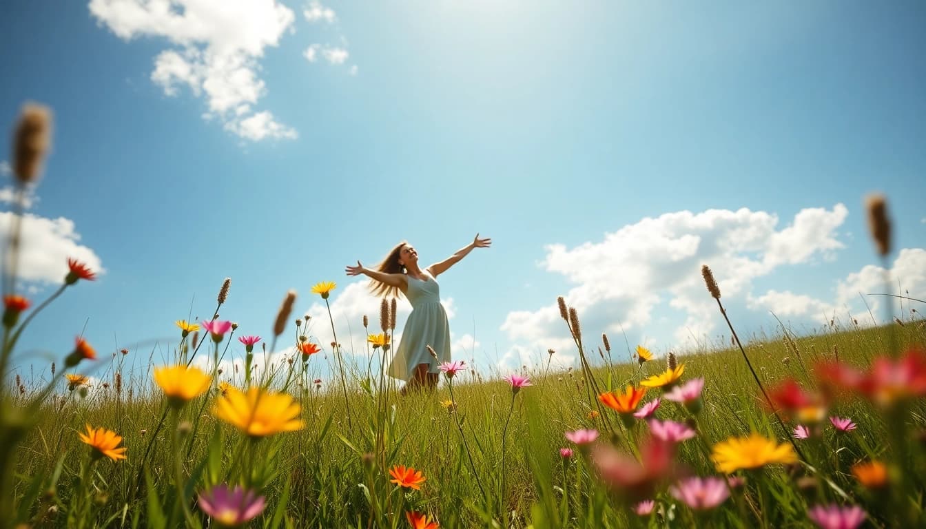 Experience light & airy photography showcasing a couple in a sunlit meadow, embodying joy and romance.