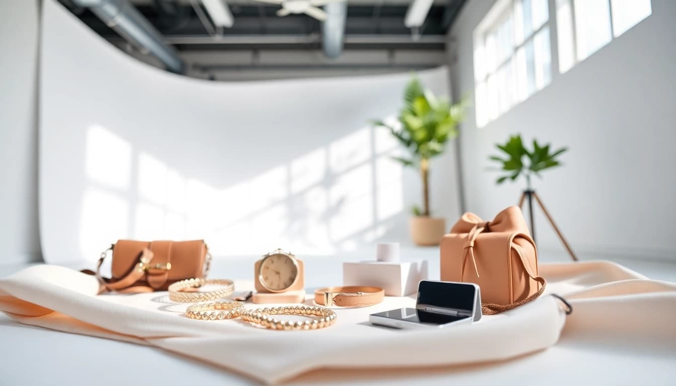 Fotografia di Prodotti con accessori eleganti su sfondo minimalista e luminoso.