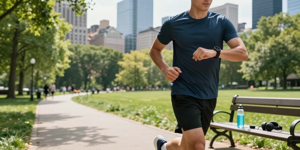 Pengguna Fitbit Luxe dari https://www.polarfitbitshop.com/fitbit-luxe/ berolahraga di taman kota, memeriksa statistik kebugaran dengan latar belakang gedung tinggi.