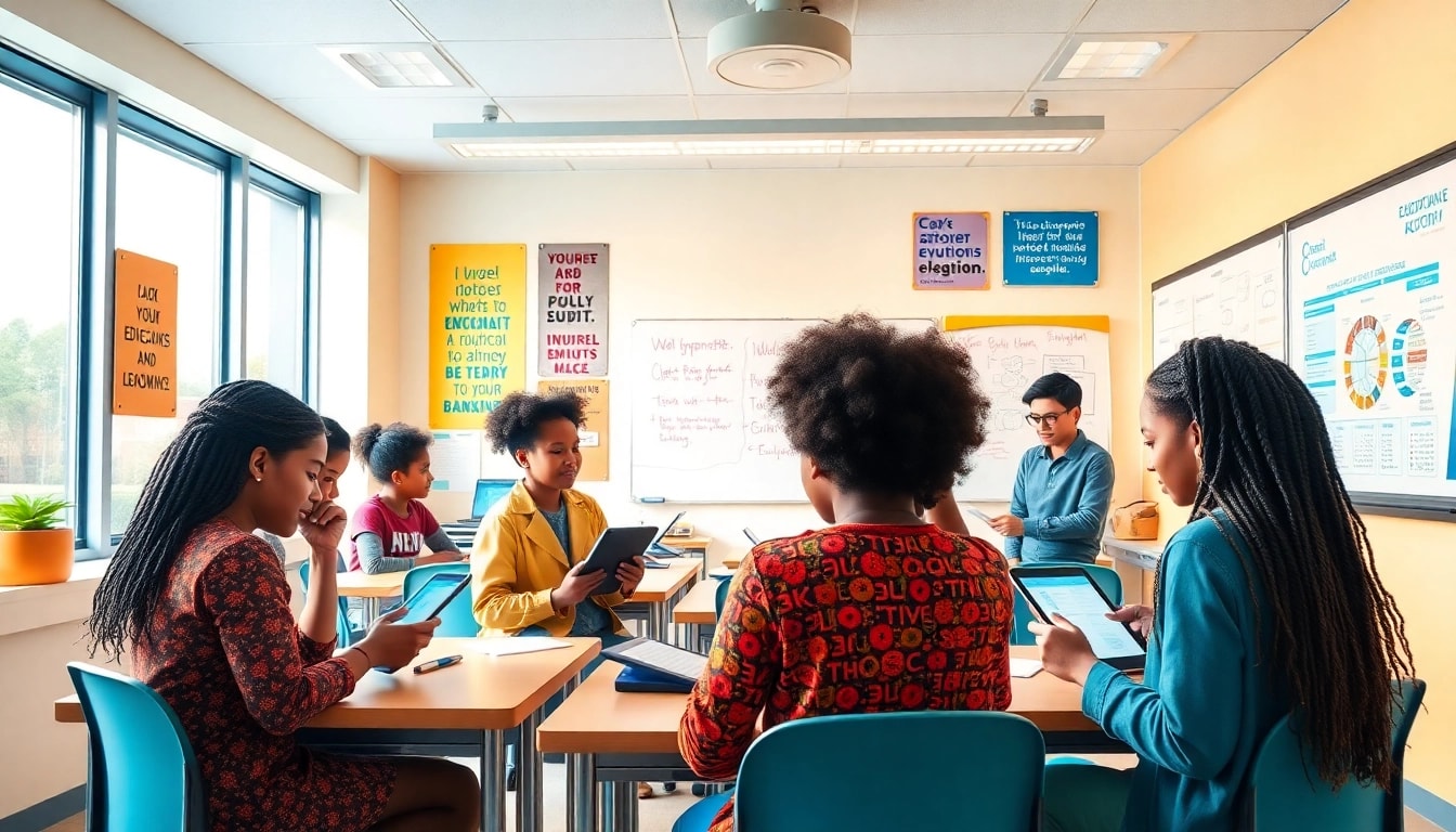 Interactive classroom promoting education equity with diverse students collaborating.