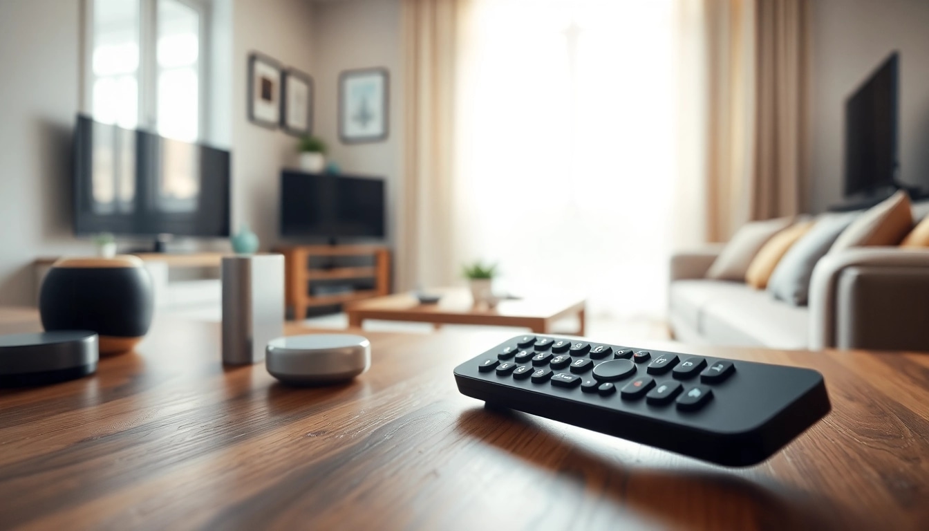 Die Panasonic Fernbedienung TX-39 auf einem Tisch mit modernem TV-Zubehör präsentiert.