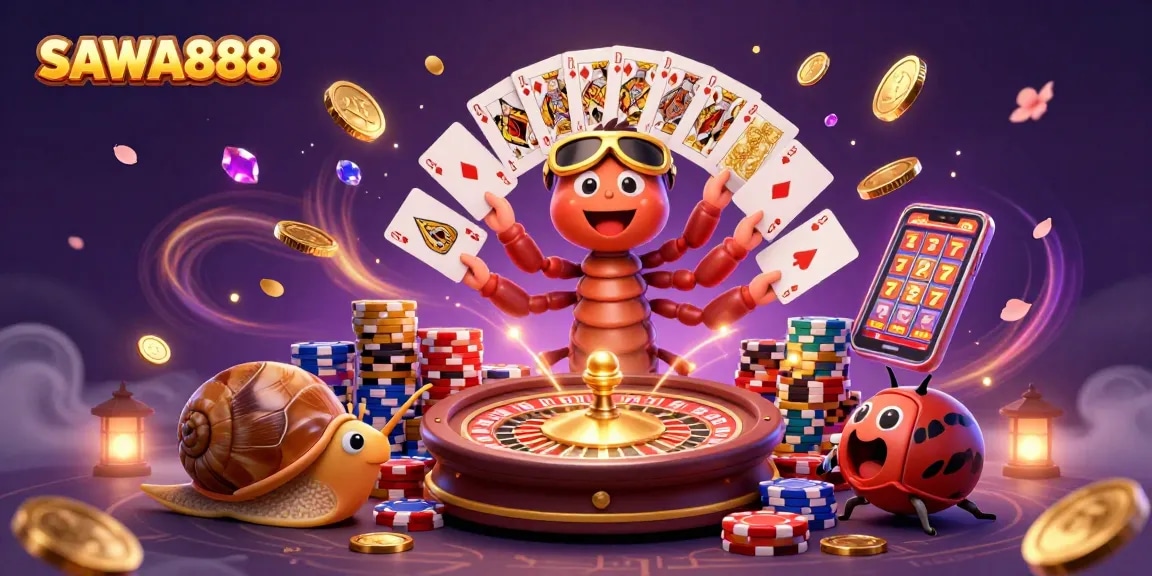 Win big with SAWA888 as a colorful cartoon dealer showcases casino excitement amid golden coins and cards.