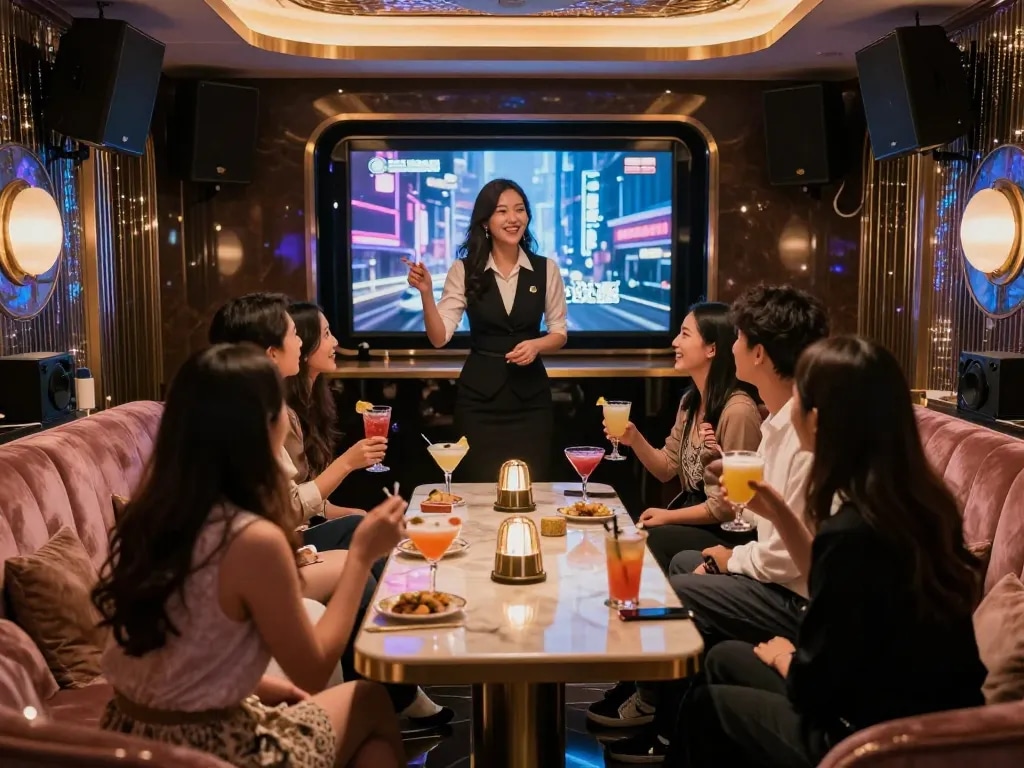 Enjoying the premium karaoke experience at https://www.gangnamtune.com/ with luxury decor and lively atmosphere.