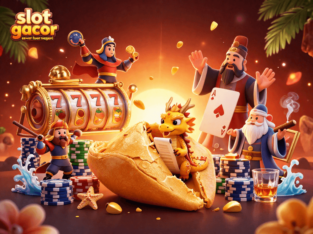 Try your luck at slot gacor server luar negeri with golden fortune symbols and a vibrant casino scene.