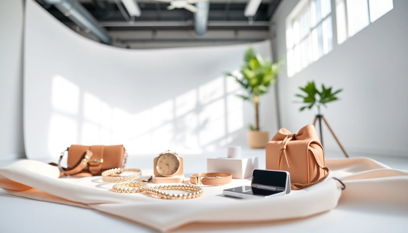 Fotografia di Prodotti con accessori eleganti su sfondo minimalista e luminoso.