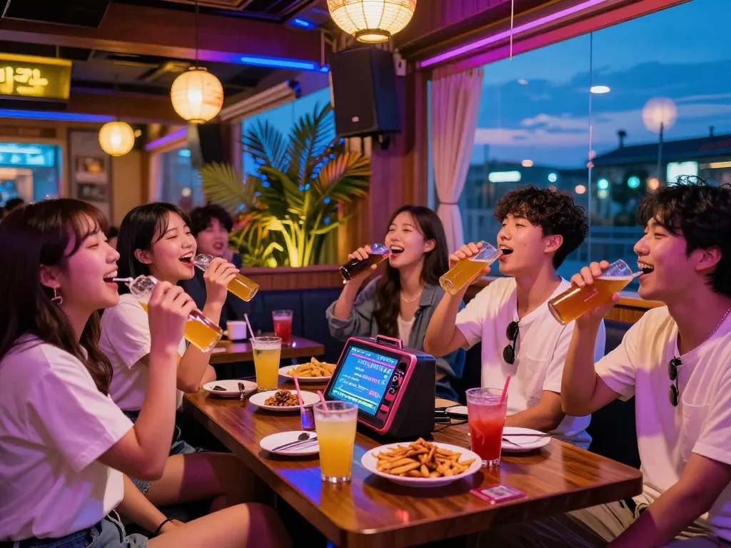 Friends enjoying 제주도유흥 nightlife in a lively karaoke bar with colorful lights and tropical decor.