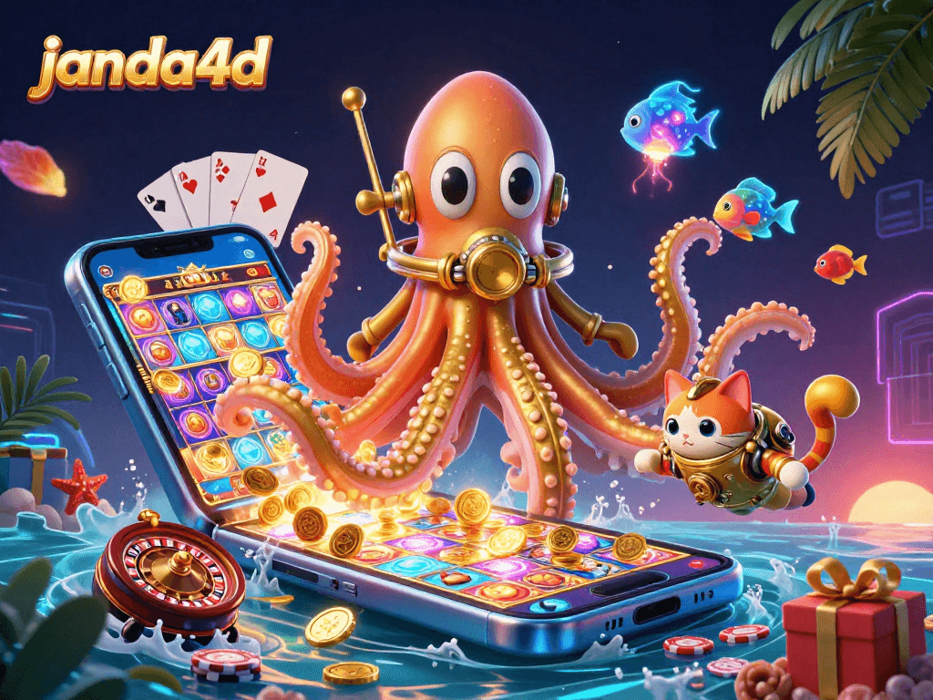 Mainkan slot di janda4d dengan kraken besar dan kucing selam, sambil dikelilingi permainan kasino
