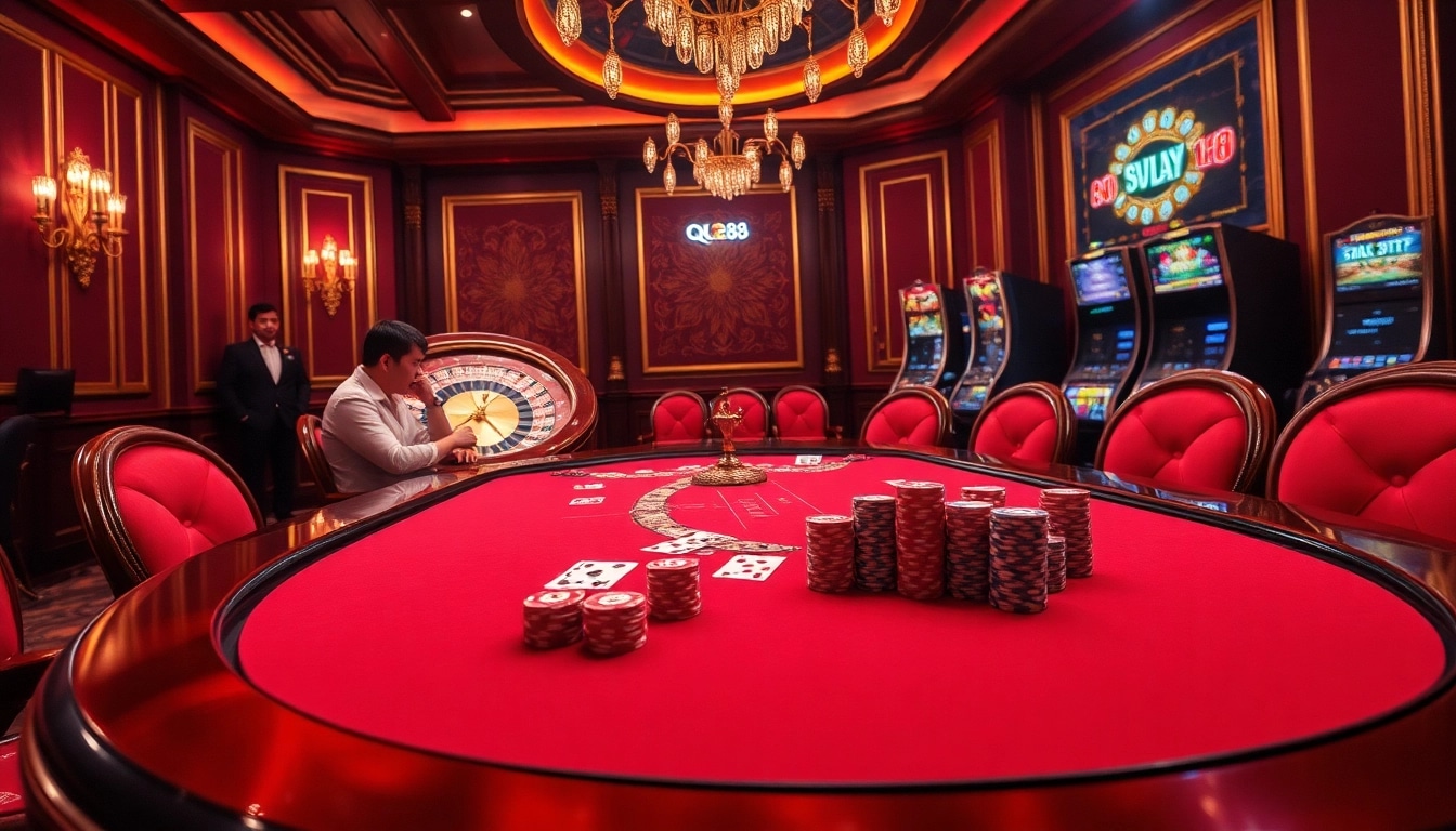 Engaged players strategizing at a QQ88 poker table surrounded by excitement and luxury.