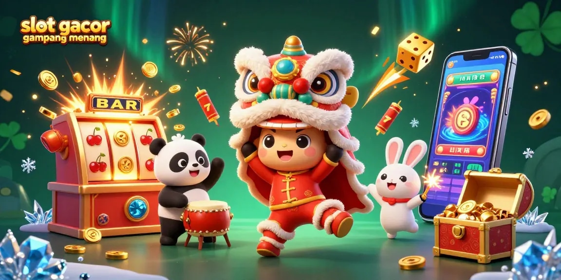 Slot gacor gampang menang, ilustrasi 3D menampilkan pertunjukan tarian singa, panda, dan kelinci di kasino yang penuh dengan jackpot.