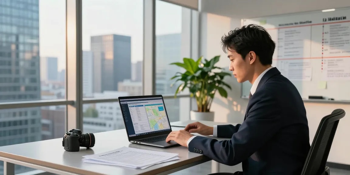 Focused business professional conducting asset tracing analysis at a modern law office with financial data on display.