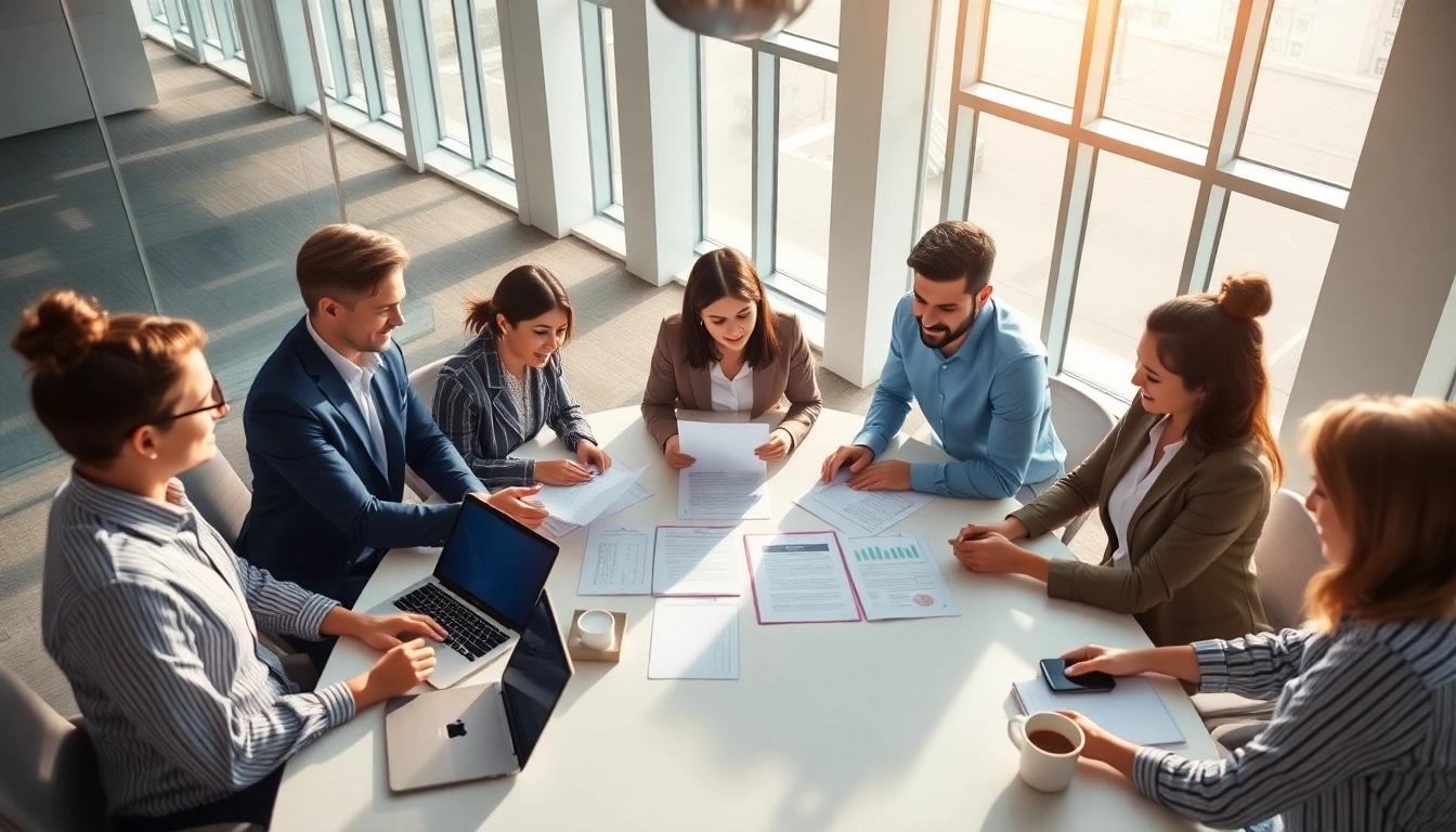Engaged team collaborating on Contract Management strategy in a bright office environment.