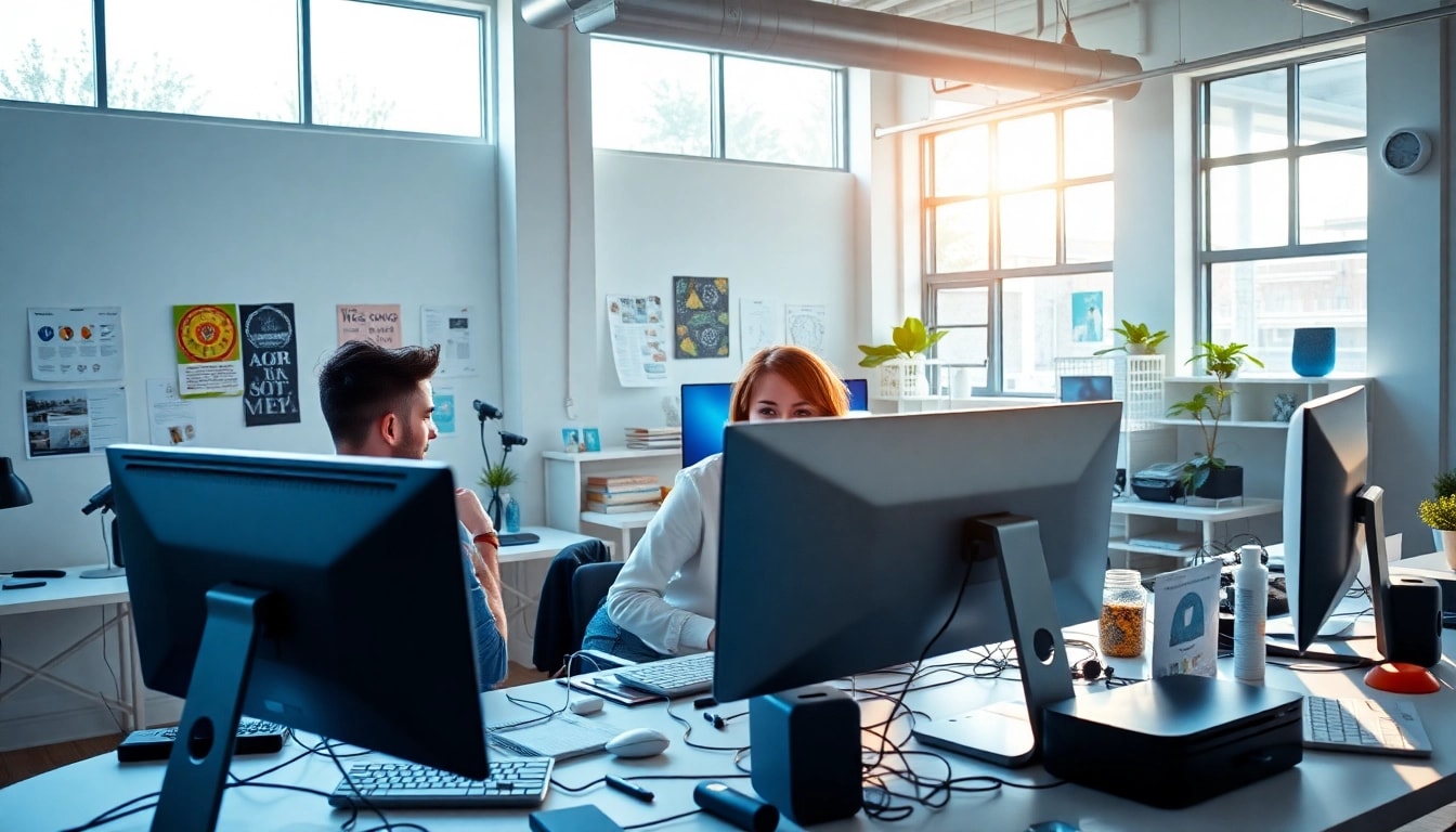 Creative team working on edmonton web design in a modern studio filled with design tools.