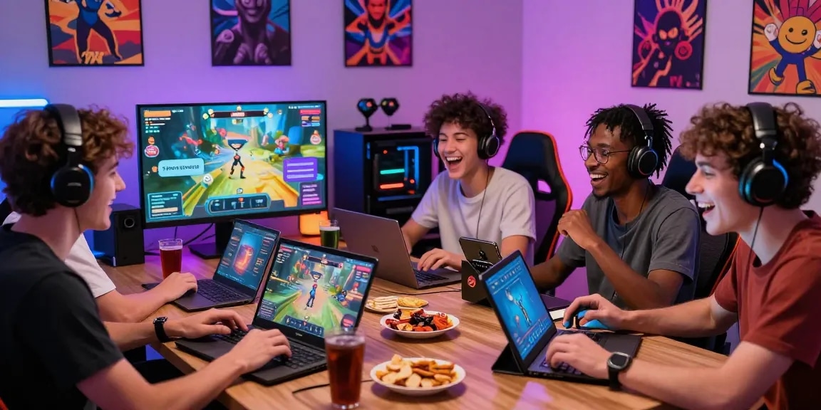 Friends enjoying a multiplayer porngame session online with diverse devices and snacks.