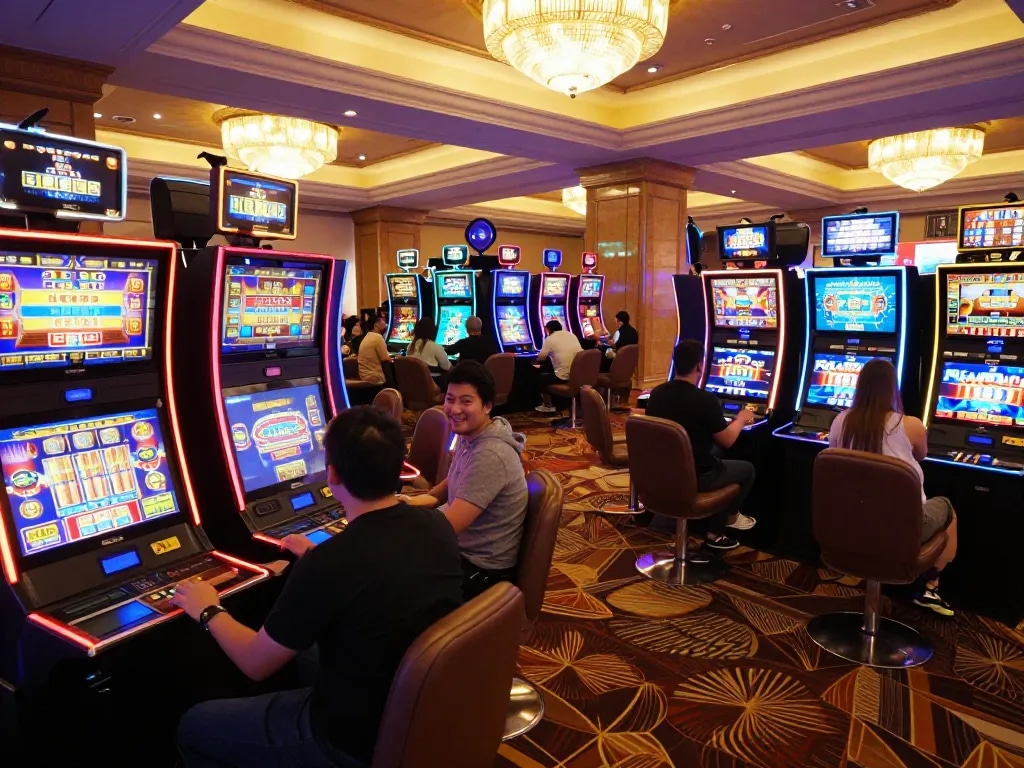 Players enjoying slot deposit 10 ribu excitement at a vibrant casino floor, celebrating wins with colorful machines.