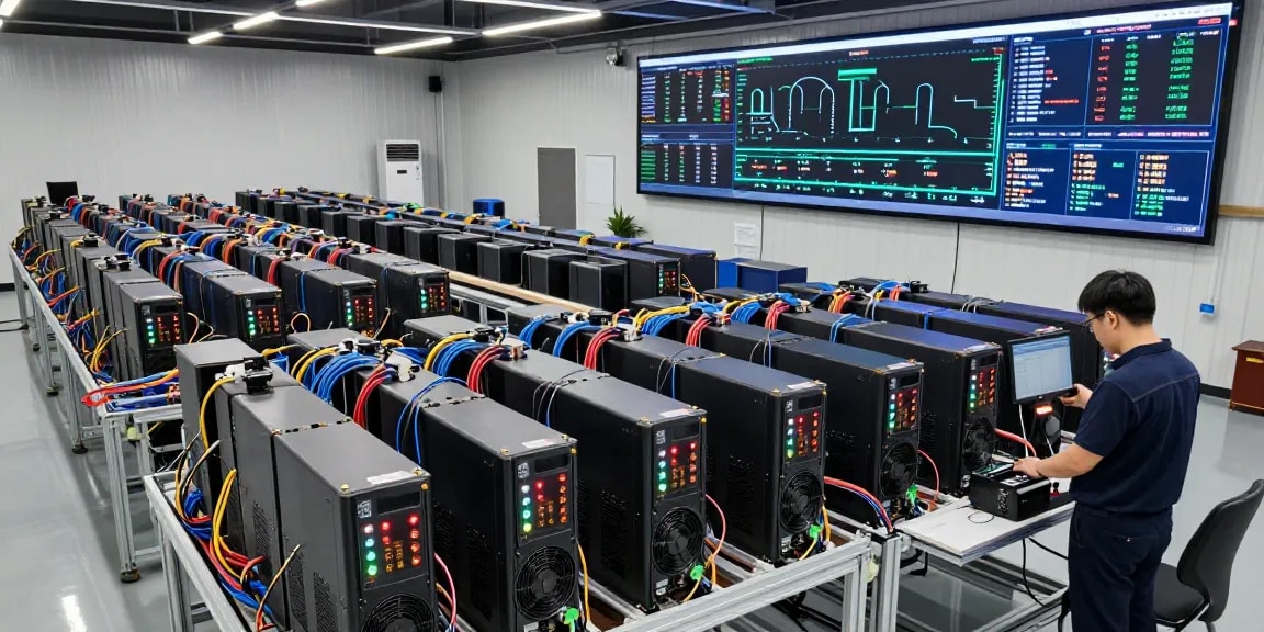 Bitcoin mining farm filled with ASIC miners and monitoring screens in a high-tech environment.