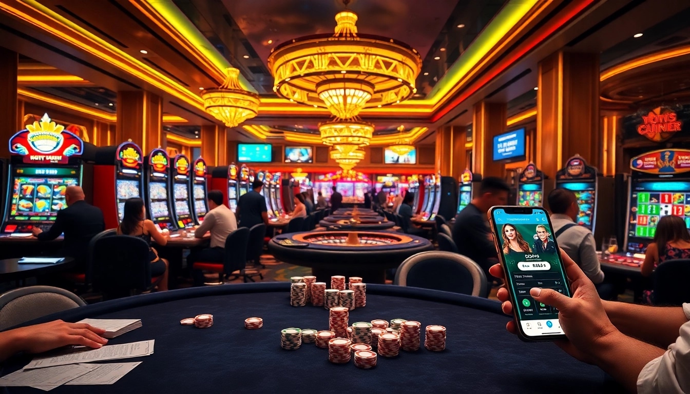 Pemain menikmati slot deposit pulsa tanpa potongan di kasino mewah dengan mesin slot yang berwarna-warni.