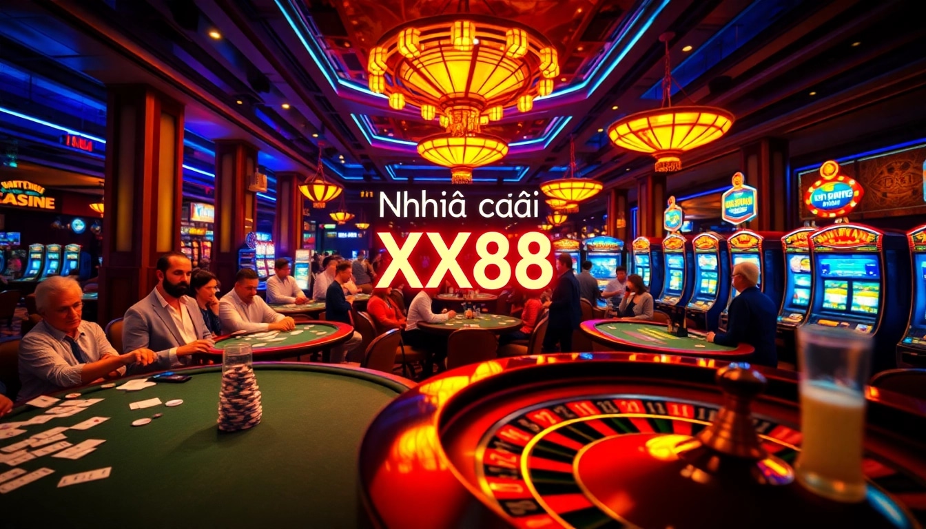 Discover users reveling in the excitement of Nhà cái XX88's lavish casino environment, complete with sparkling slot machines and lively poker games.