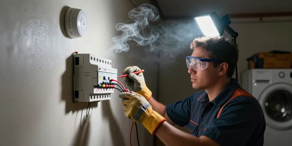 Emergency electrician near me fixing circuit breaker in a basement with tools and safety gear.