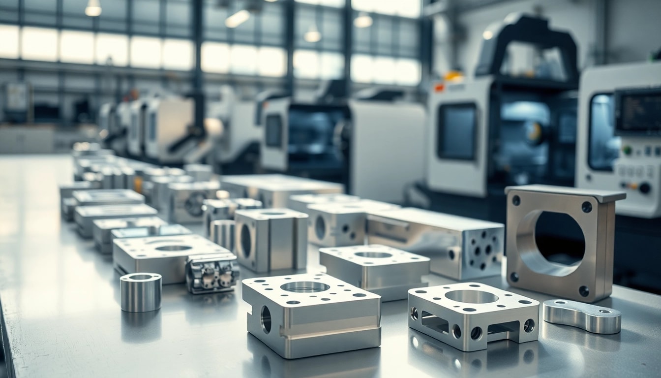 Showcase of aluminum prototypes with intricate details and advanced machining tools in a professional workshop.