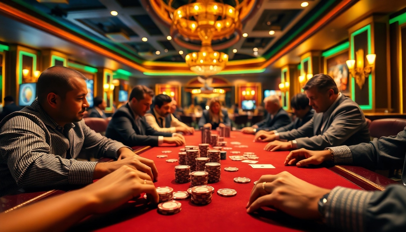 Permainan qq8821 dengan pemain terlibat dalam permainan kartu di meja poker yang mewah.