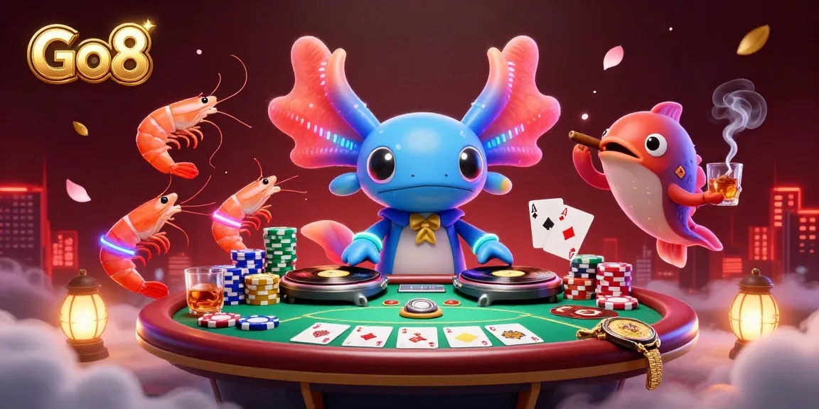 Engage in thrilling casino action with Go8, featuring a lively axolotl DJ, poker tables, and vibrant casino elements.