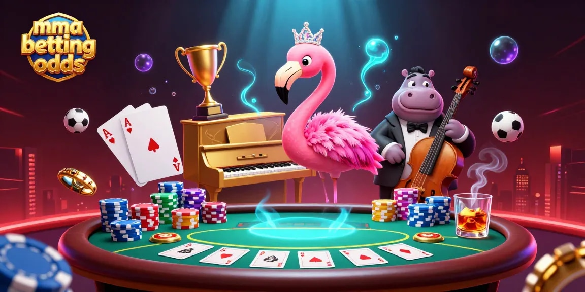 Bet on MMA betting odds with a lively scene depicting a flamingo singer and hippo bassist.