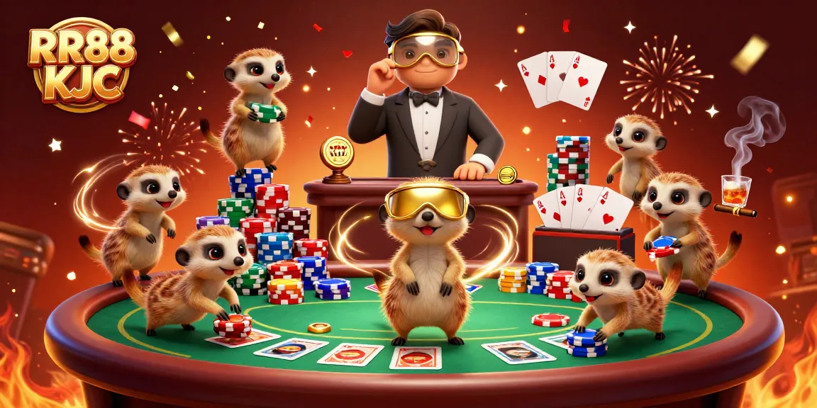 Experience RR88 KJC's dynamic casino scene with meerkats engaging in lively gambling activities.