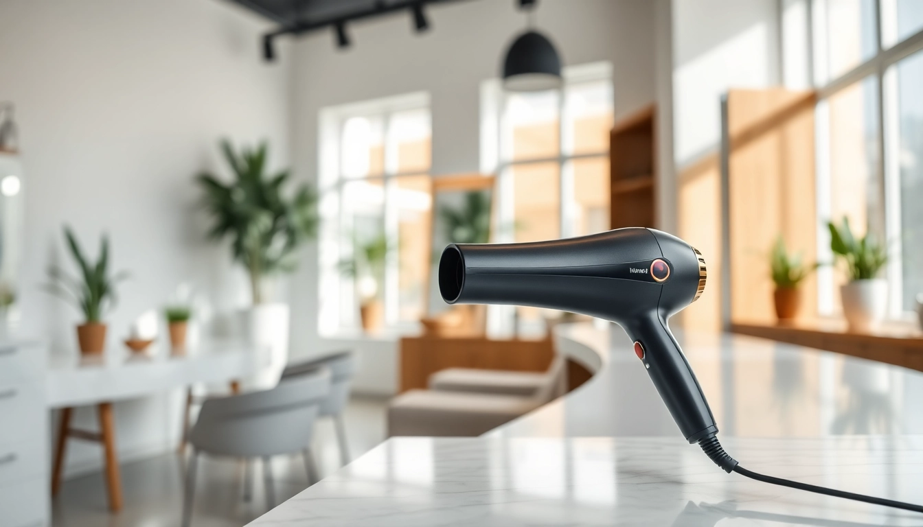 Stylish ionic hair dryer displayed in a modern salon with natural lighting and sleek textures.
