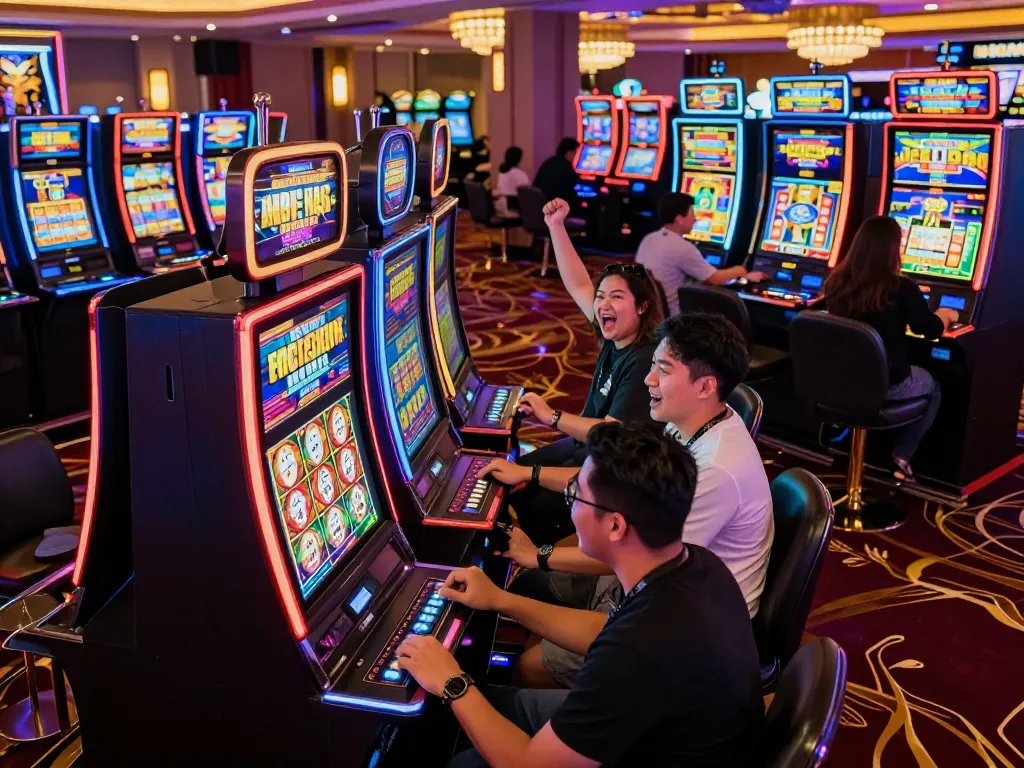 Players enjoying slot games in a lively casino atmosphere, featuring exciting slot bet kecil options.