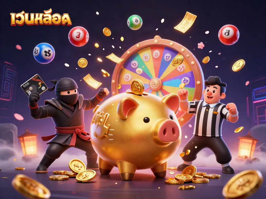 Engage with เว็บสล็อต as a lively scene with a golden piggy bank, ninja wallet, and samurai referee.