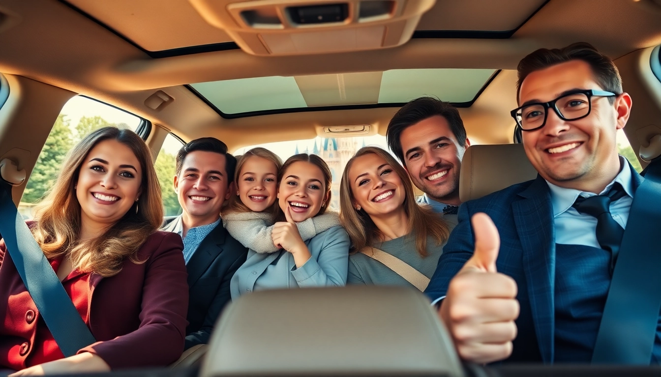 Family enjoying a Beauvais Airport to Disney Transfer with a friendly chauffeur in a luxury vehicle.