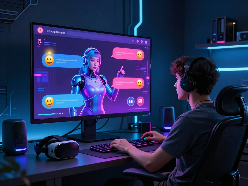 An engaging interaction with a sex bot displayed on a vibrant digital screen, illustrating futuristic user engagement.